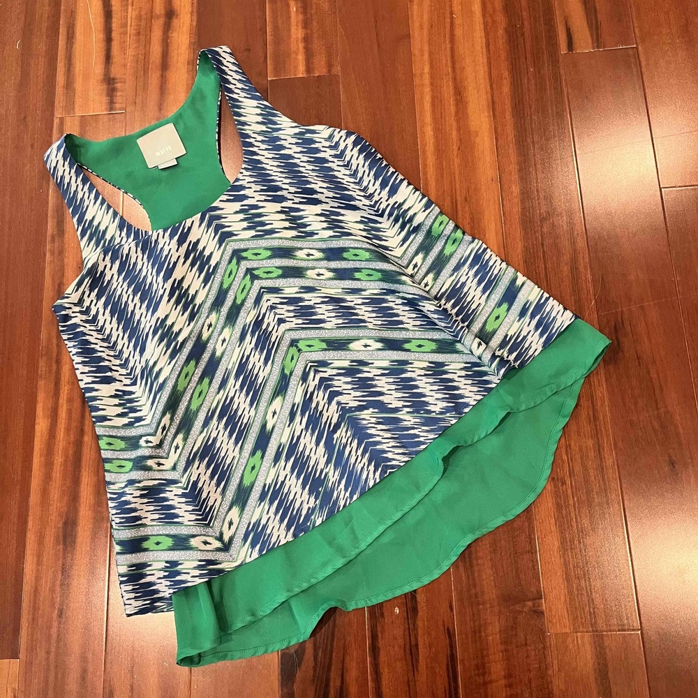 Anthropologie Maeve Tank Top Green Racerback Sleeveless Layered Flowy Aztec XS